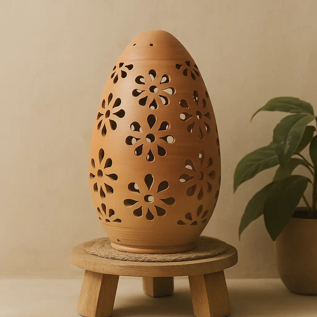 Rounded terracotta home décor lantern with floral cutout design