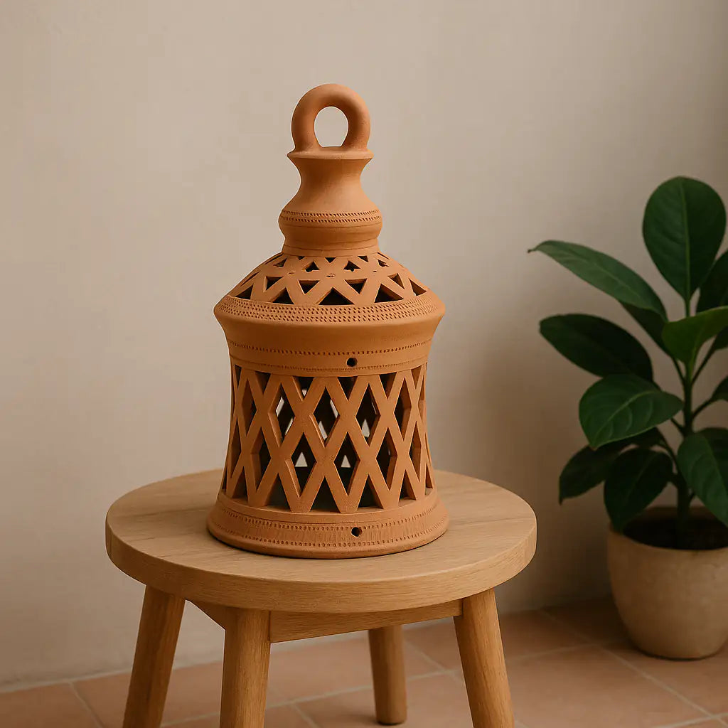 Terracotta lantern on a wooden stool with a plant in the background