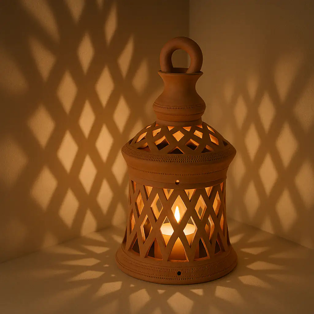 Terracotta lantern casting shadows on a wall