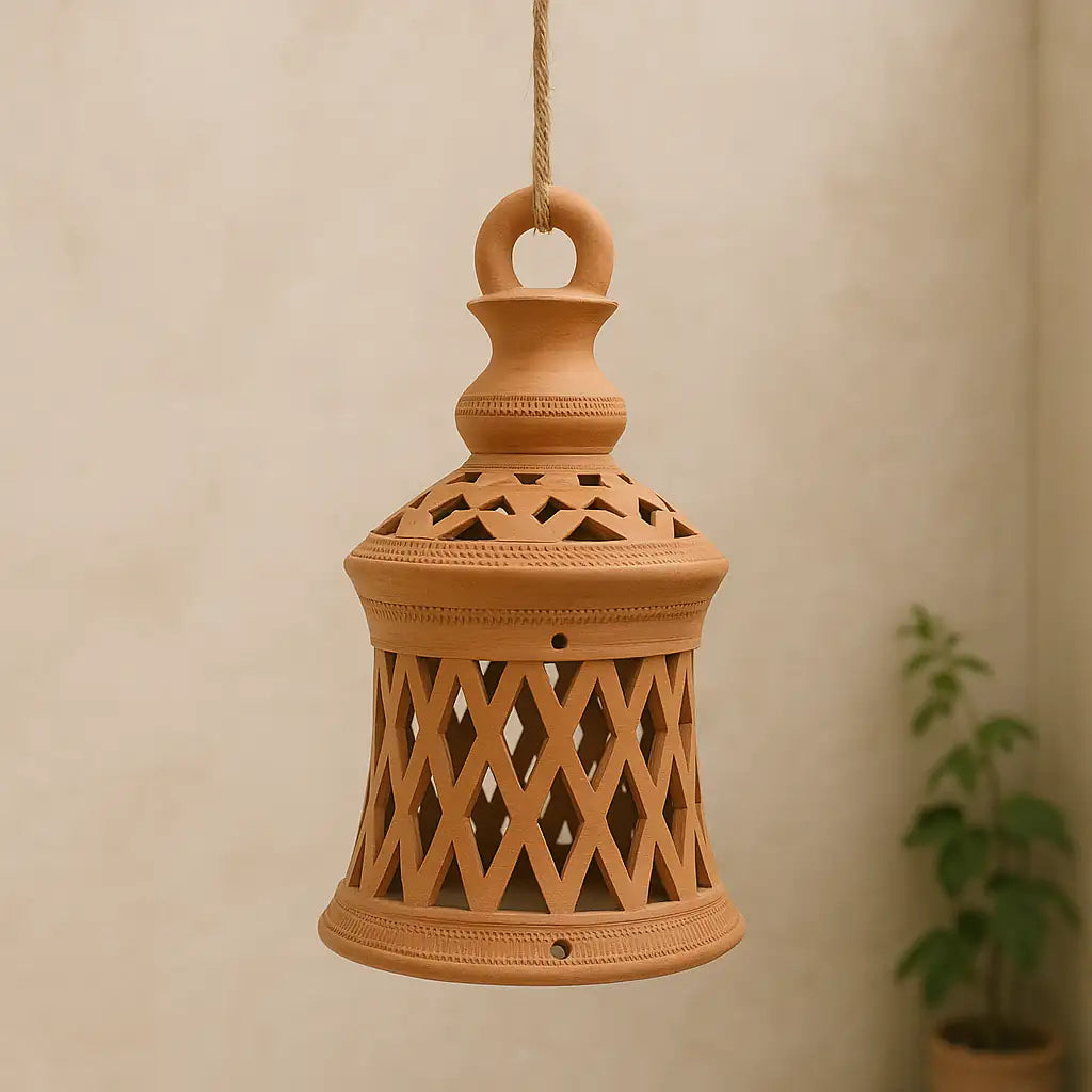 Terracotta hanging lantern with intricate design on a beige background