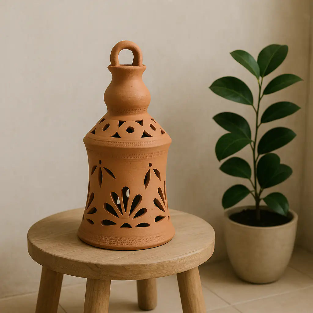 Terracotta lantern on a wooden stool next to a potted plant against a beige wall.