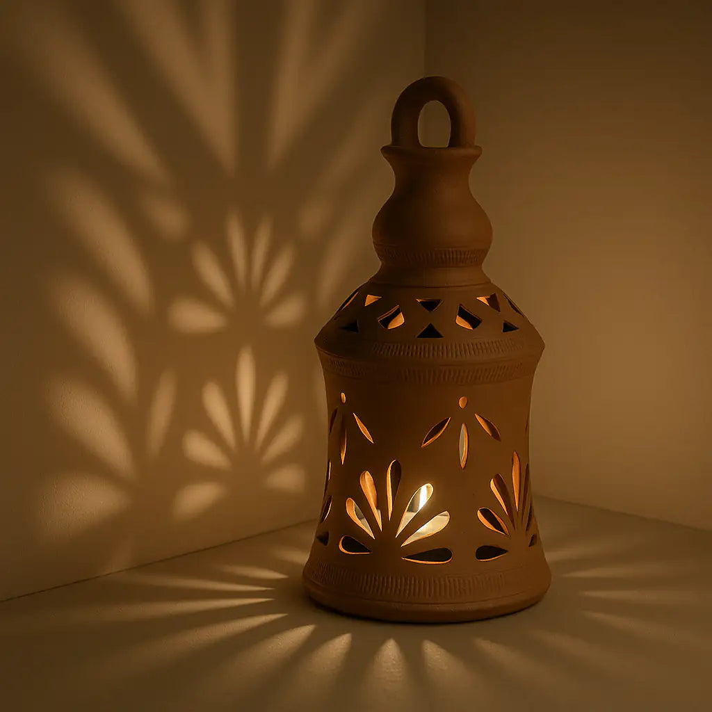 Terracotta lantern casting shadows on a wall