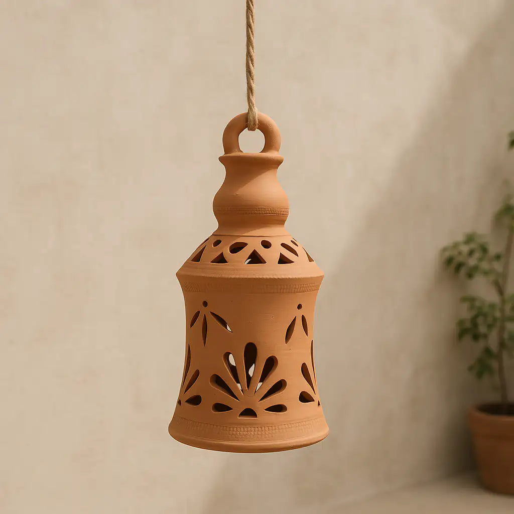 Terracotta hanging lantern with cut-out designs on a beige background