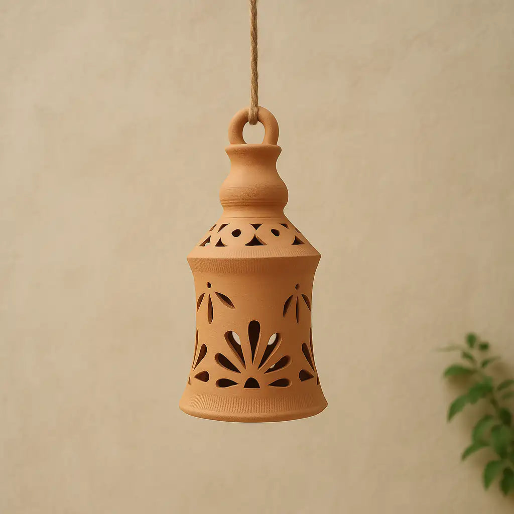 Terracotta hanging lantern with cut-out patterns on a beige background
