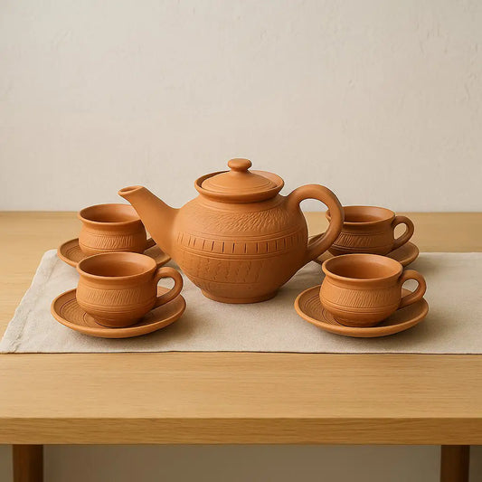 Handmade terracotta tea set with 650 ml kettle, 4 cups and 4 saucers from Dirtique Collection