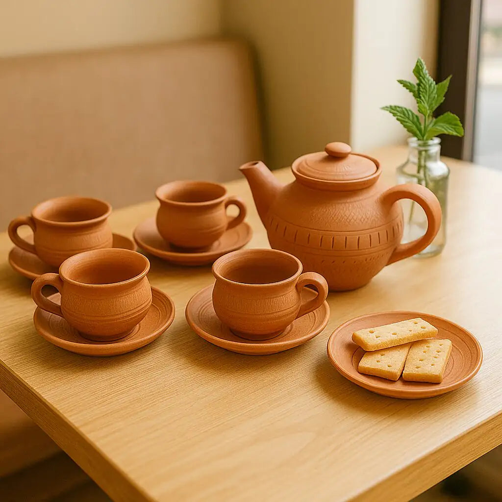 Terracotta tea set with teapot and cups on a wooden table.
