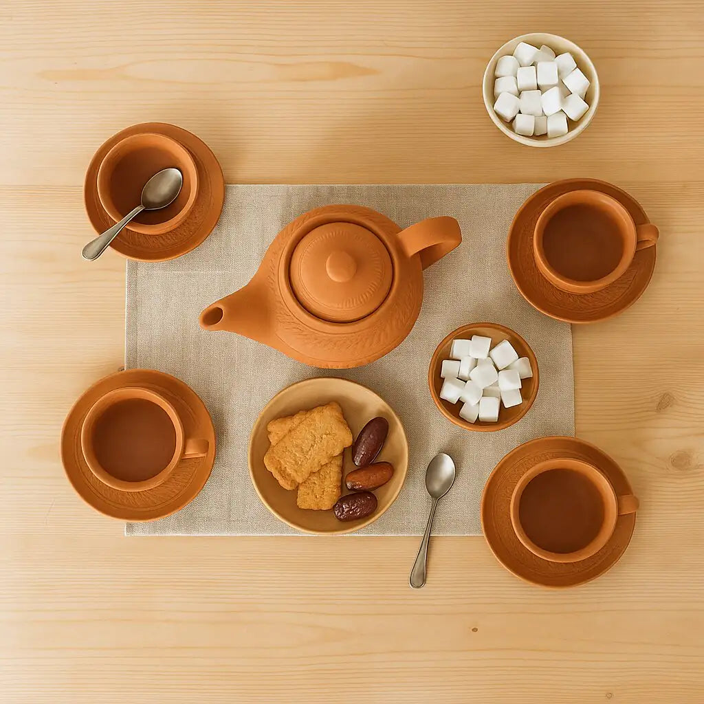 Tea set with teapot, cups, saucers, sugar bowls, and cookies on a wooden table.