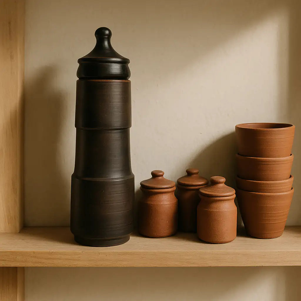 Terracotta pots on a wooden shelf with a neutral background