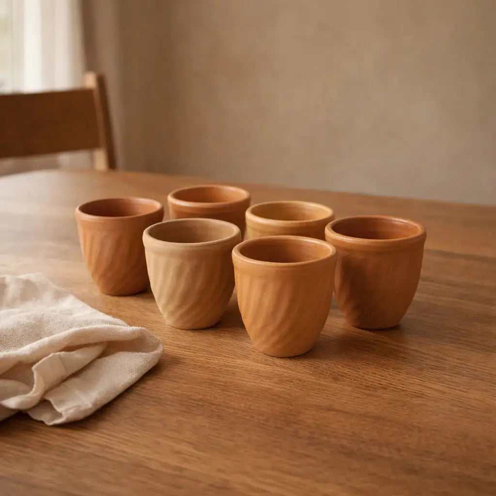 Set of six terracotta cups on a wooden table with a neutral background
