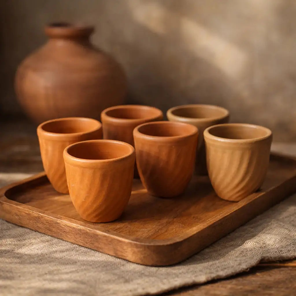Set of terracotta cups on a tray with a rustic background