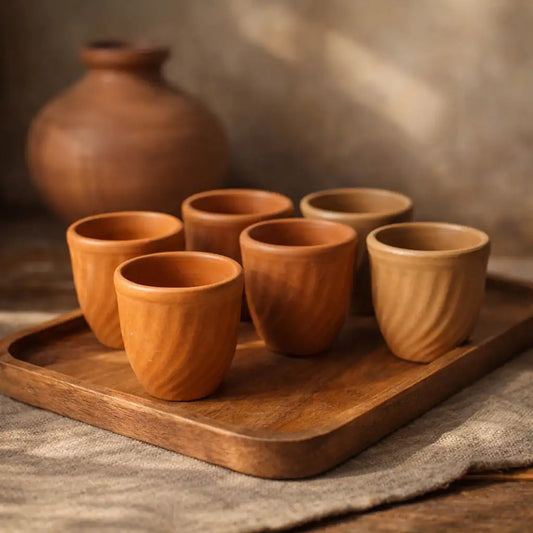 Set of terracotta cups on a tray with a rustic background