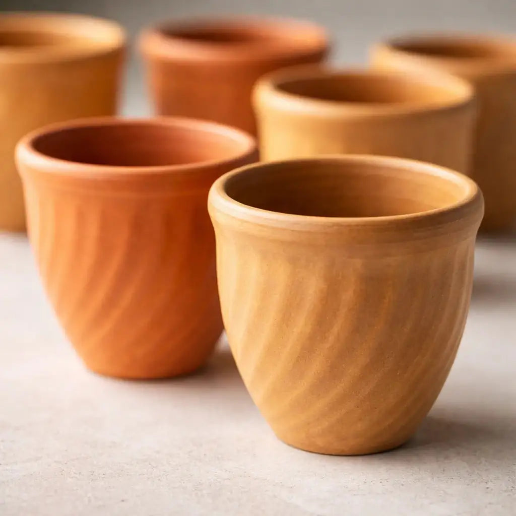 Set of terracotta pots on a neutral background