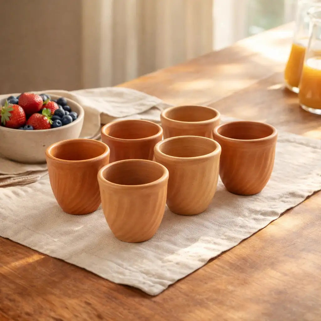 Set of clay cups on a table with a bowl of berries and a glass of orange juice.