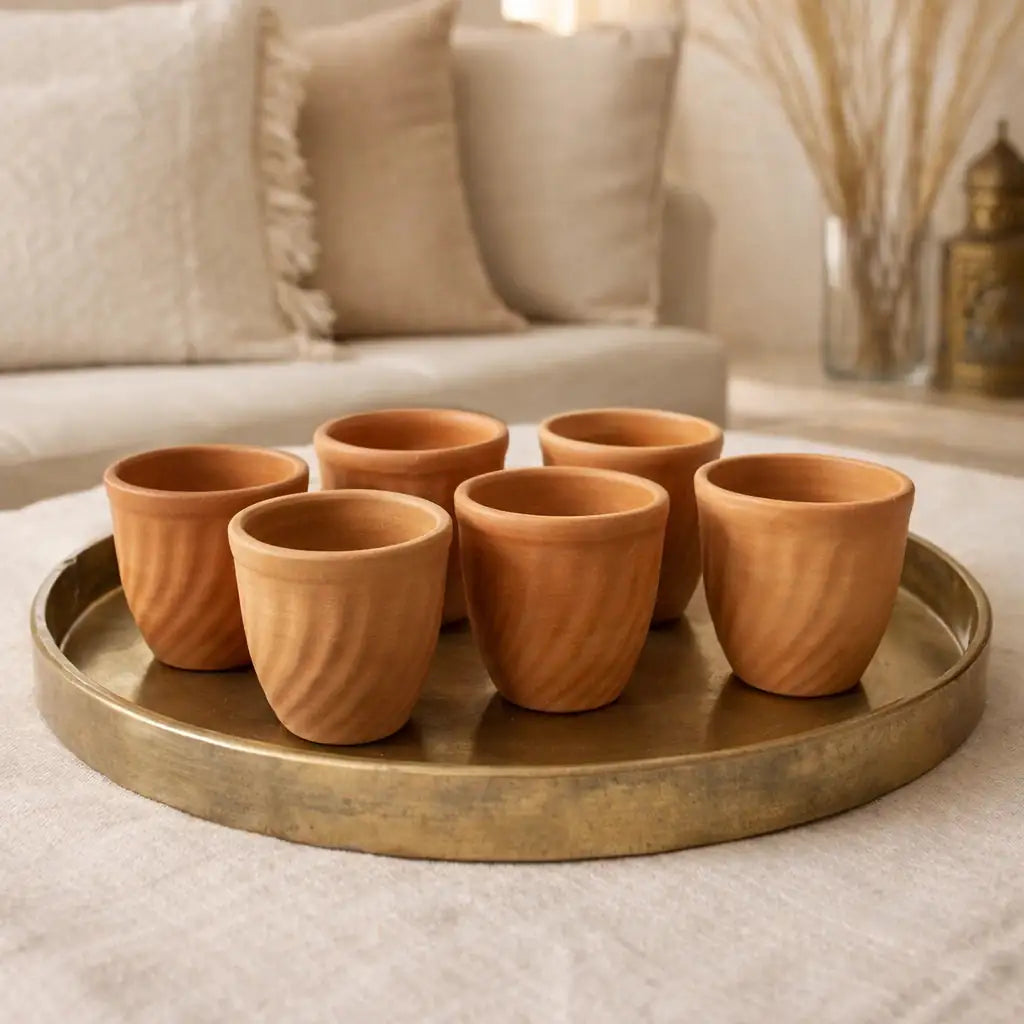Set of terracotta cups on a gold tray in a living room setting