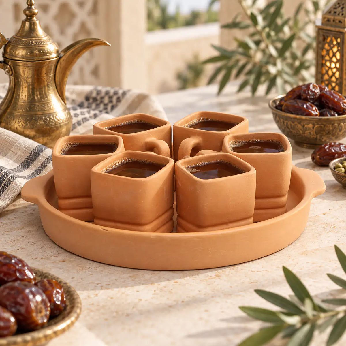 Terrapura terracotta cups serving Arabic coffee with tray