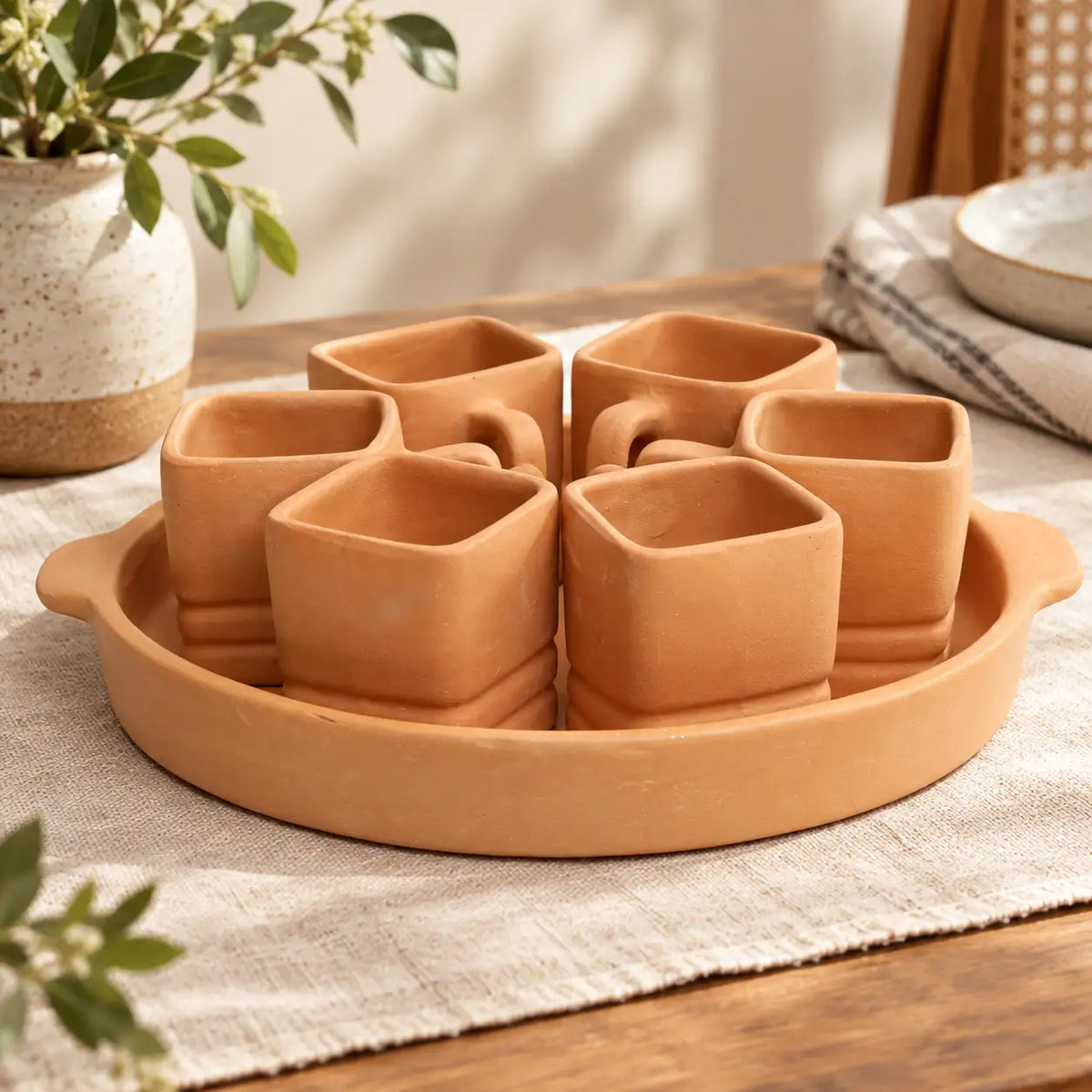 Terrapura set of 6 square terracotta cups with serving tray