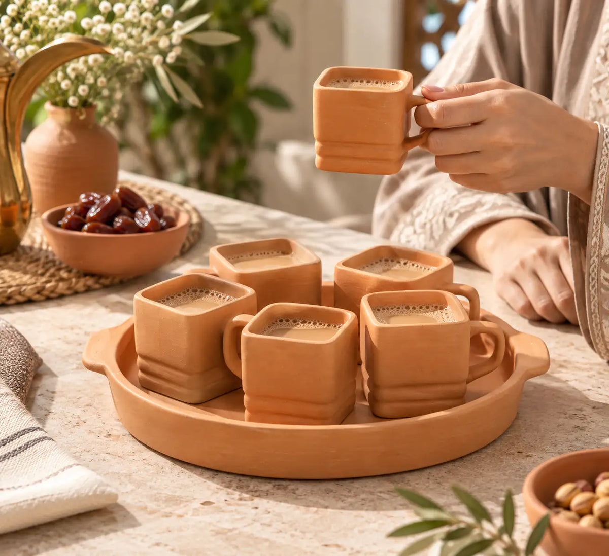 Terrapura square terracotta tea cups with handles and serving tray