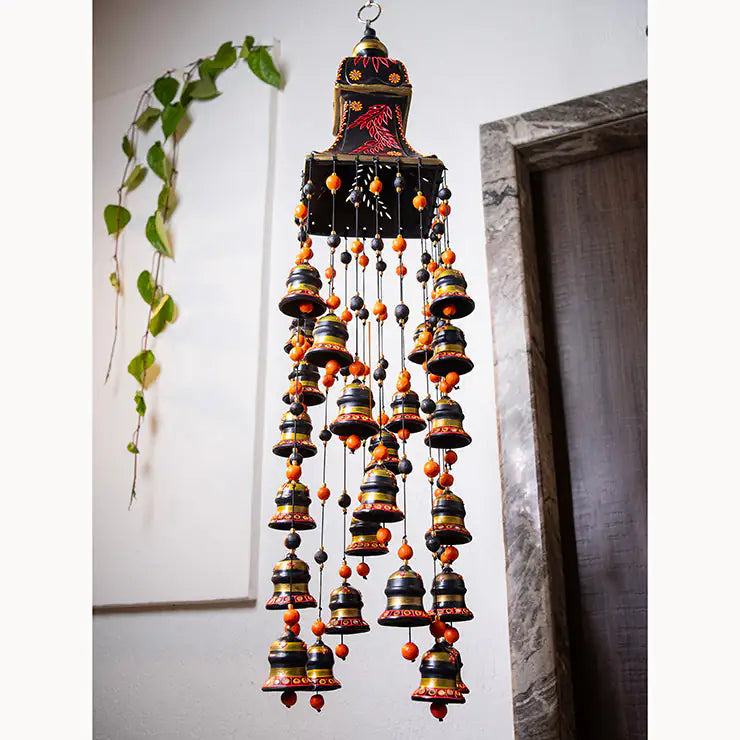 Black hand-painted terracotta hanging bells wind chime for premium home decor