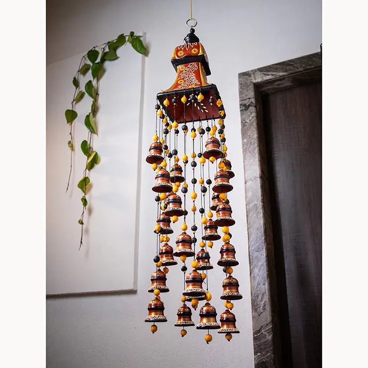 Brown handmade terracotta hanging bells with beads for entrance and balcony decor