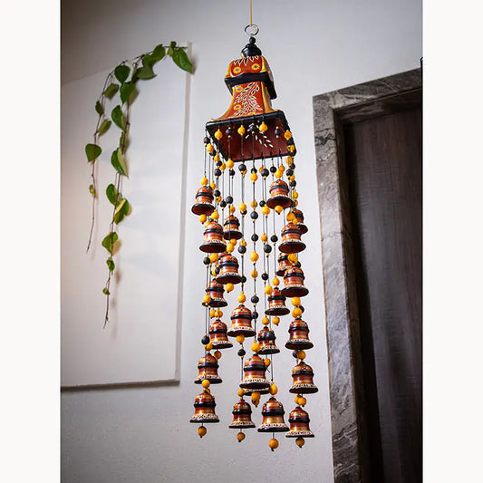 Brown handmade terracotta hanging bells with beads for entrance and balcony decor