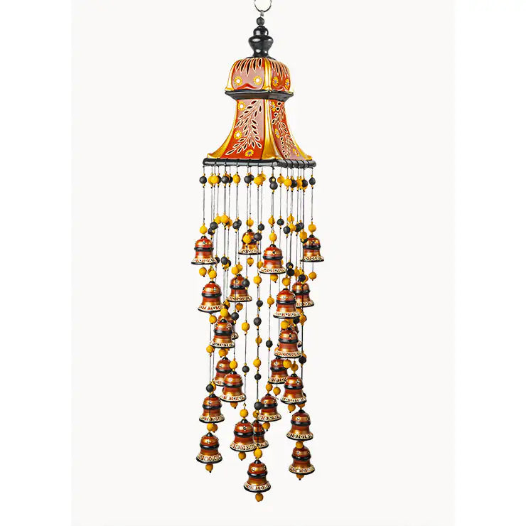 Brown handmade terracotta hanging bells with beads for entrance and balcony decor