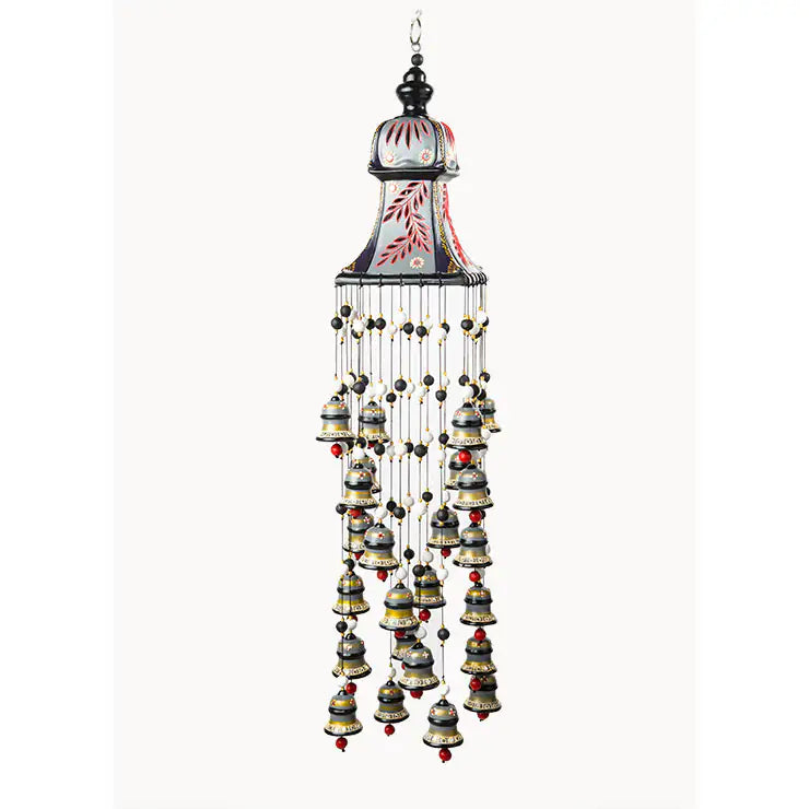 Grey hand-painted terracotta wind chime with layered clay bells by ARK Naturals