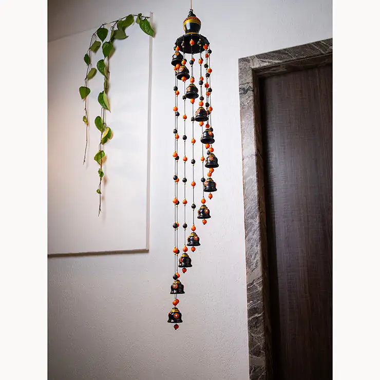 Hand-painted round terracotta hanging bells wind chime in black finish