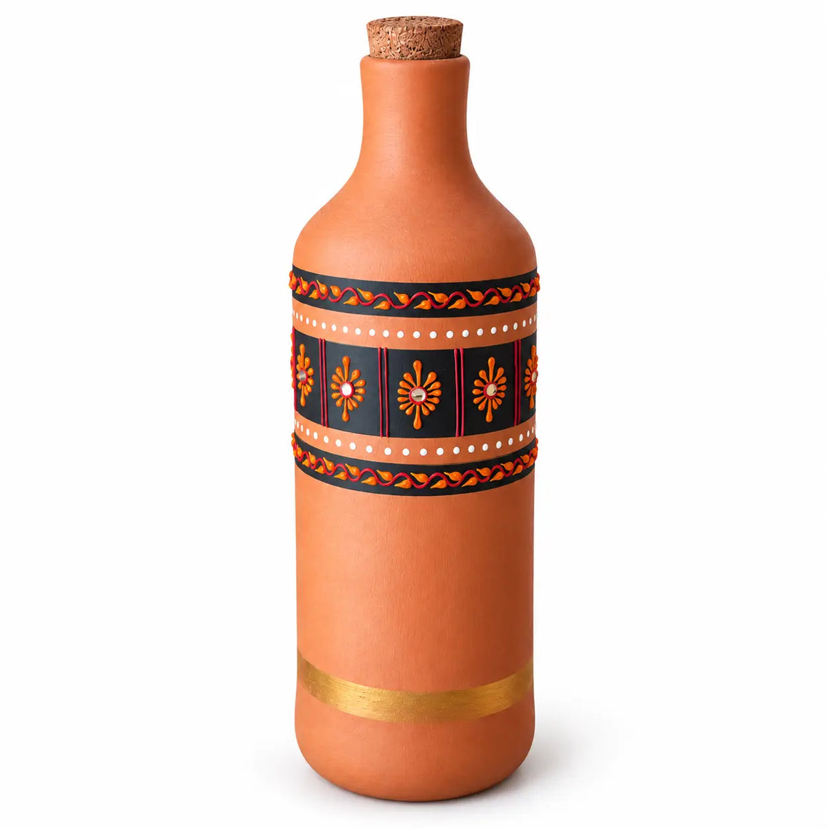 Handmade clay water bottle with artisan hand-painted design and cork stopper