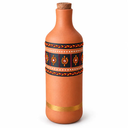 Handmade clay water bottle with artisan hand-painted design and cork stopper