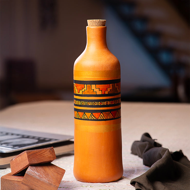 Handmade hand-painted terracotta water bottle with cork stopper, geometric band design, 1L