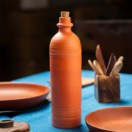ClayNest Hearth Pillar handmade terracotta water bottle with cork stopper, tall cylindrical design, 1 liter