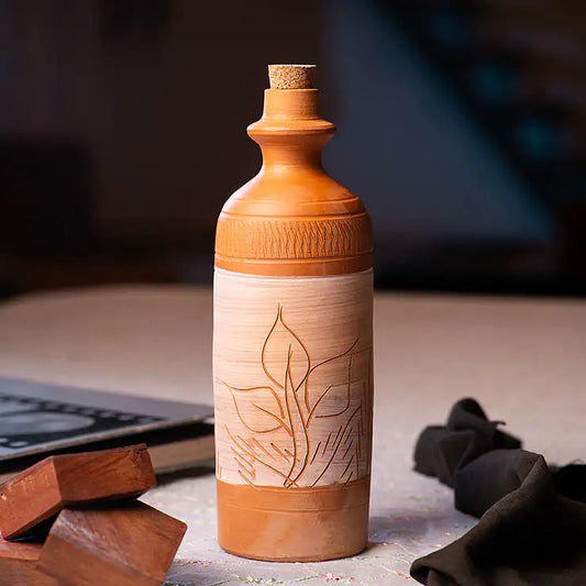 ClayNest Leaf Whisper handmade terracotta water bottle with cork stopper, botanical leaf line art design, 800 ml