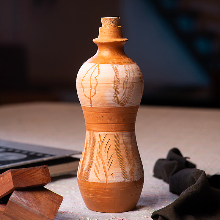 ClayNest Forest Hourglass handmade terracotta water bottle with cork stopper, hourglass shape, hand-designed leaf artwork, 1 liter