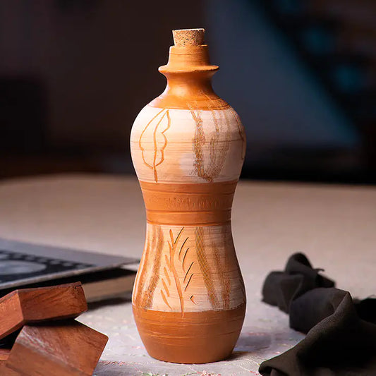 ClayNest Forest Hourglass handmade terracotta water bottle with cork stopper, hourglass shape, hand-designed leaf artwork, 1 liter