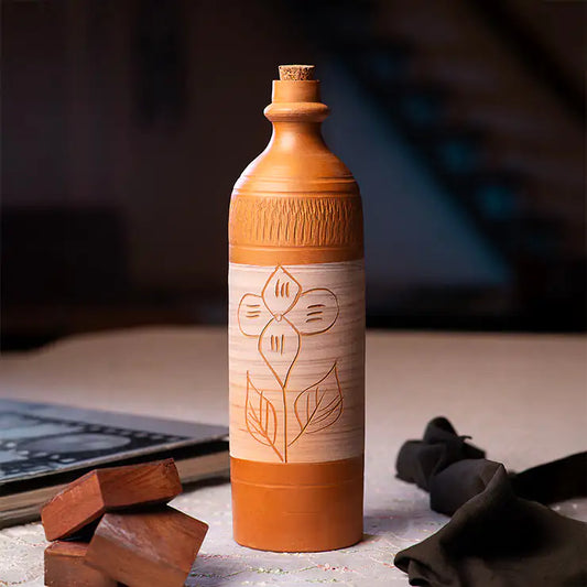 ClayNest Blossom Muse handmade terracotta water bottle with cork stopper, hand-designed floral artwork, 1 liter