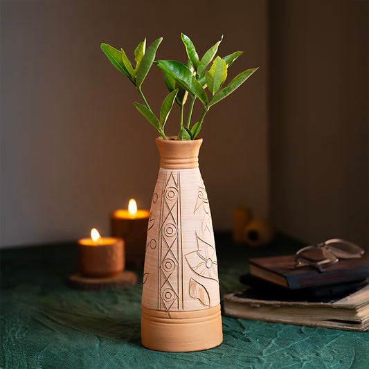 ClayNest Etched Totem Tall Terracotta Vase (23 cm)