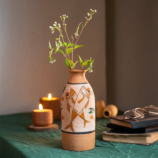 ClayNest Dual Fish Totem Hand-Painted Terracotta Vase (21.5 cm)
