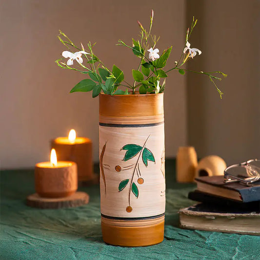ClayNest Verdant Vine Cylinder Terracotta Vase (19 cm)