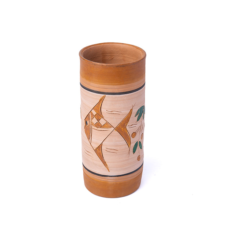 ClayNest Verdant Vine Cylinder Terracotta Vase (19 cm)
