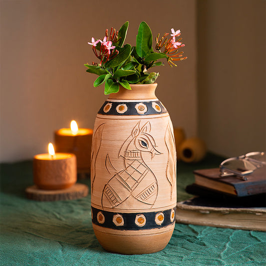 ClayNest Tribal Horse Motif Terracotta Vase (20 cm)