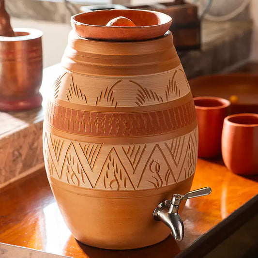 Handmade terracotta matka with tap from ClayNest collection, approx 8 liters