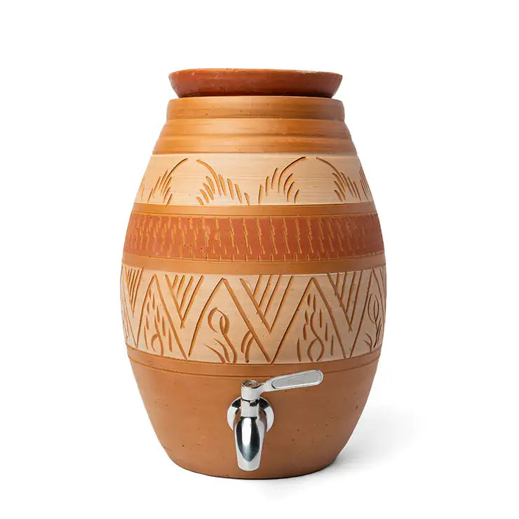 Terracotta water dispenser with decorative patterns on a white background