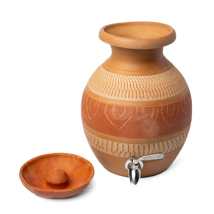 Ceramic jar with decorative patterns and a small bowl on a white background