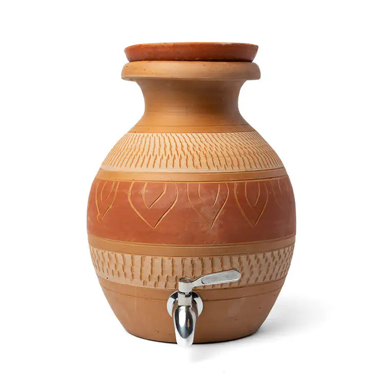 Terracotta water dispenser with decorative patterns on a white background