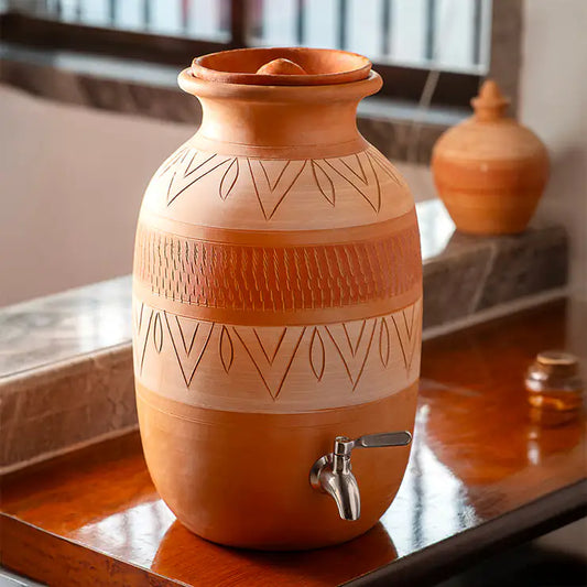 Handmade terracotta matka with tap 8L ClayNest chevron motif lifestyle image
