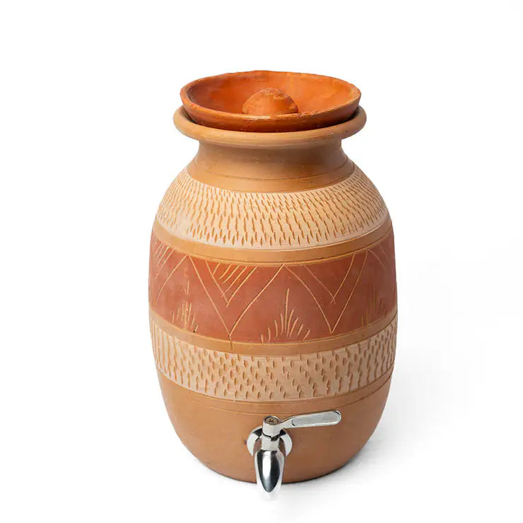 Terracotta water dispenser with lid on a white background