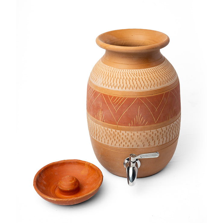 Clay Water Dispenser with decorative patterns on a white background