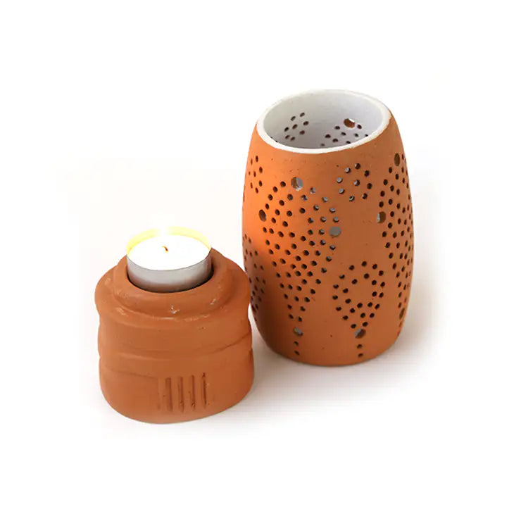 Two-piece terracotta tealight holder with detachable base