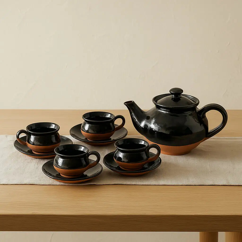 Handmade black glazed terracotta tea set with 650 ml kettle, 4 cups and 4 saucers from Dirtique Collection