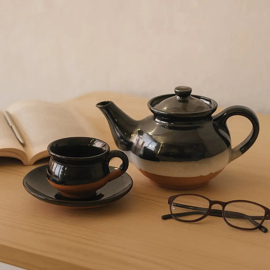 Black teapot and cup set on a wooden table with an open book and glasses.